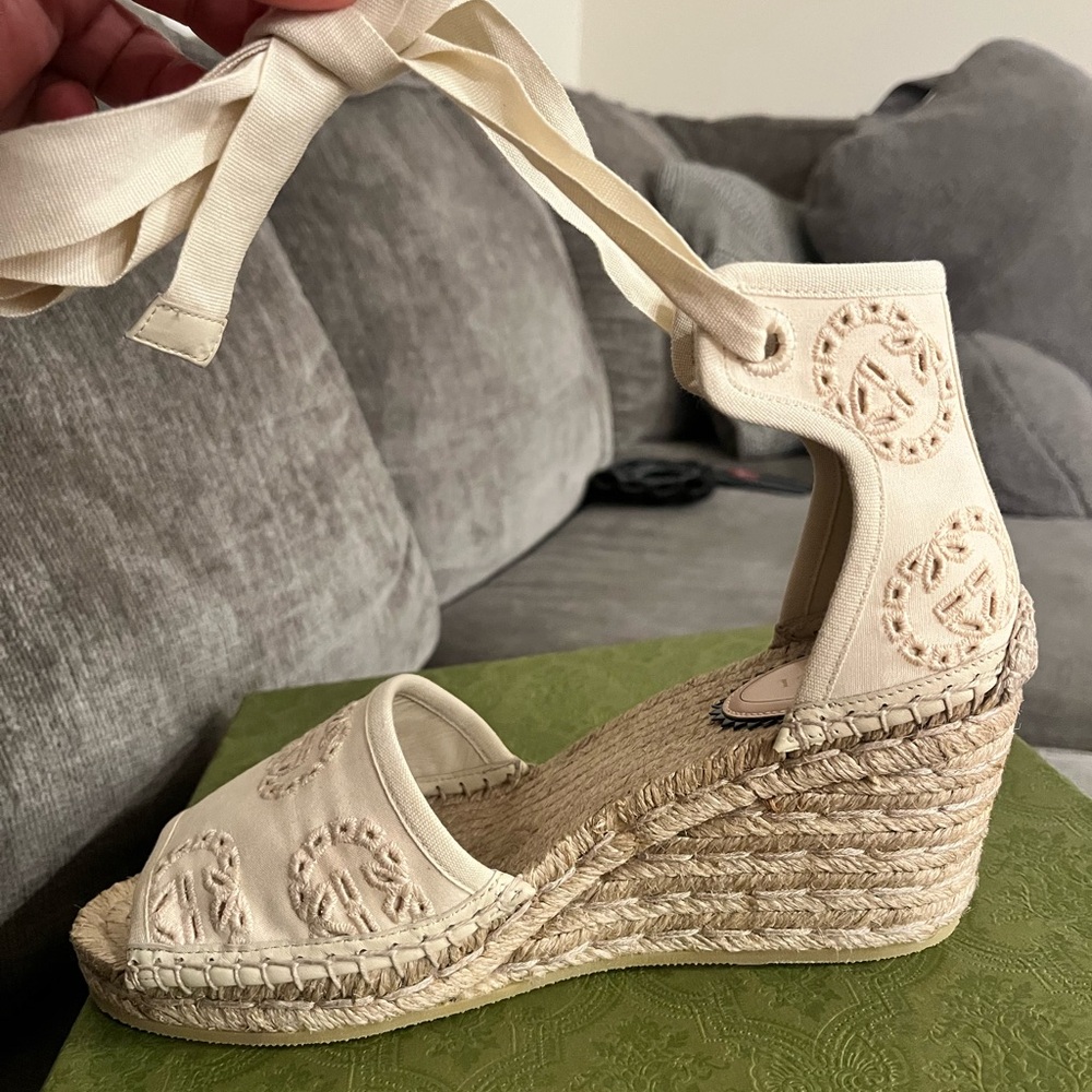 Gucci Cream Espadrille Wedge Sandals with Ankle Ties
